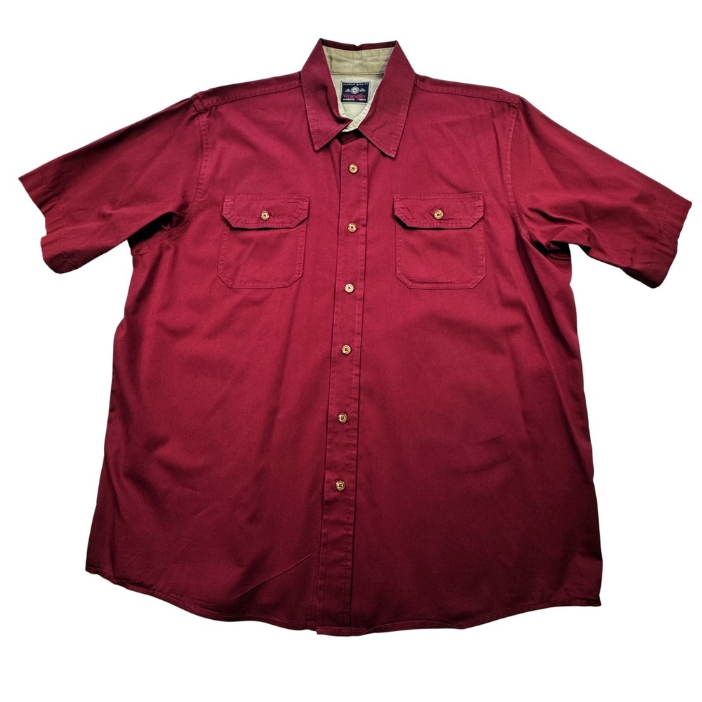 Wrangler Button‎ Down Shirt Mens Large Burgundy Red Short Sleeve Cotton Workwear